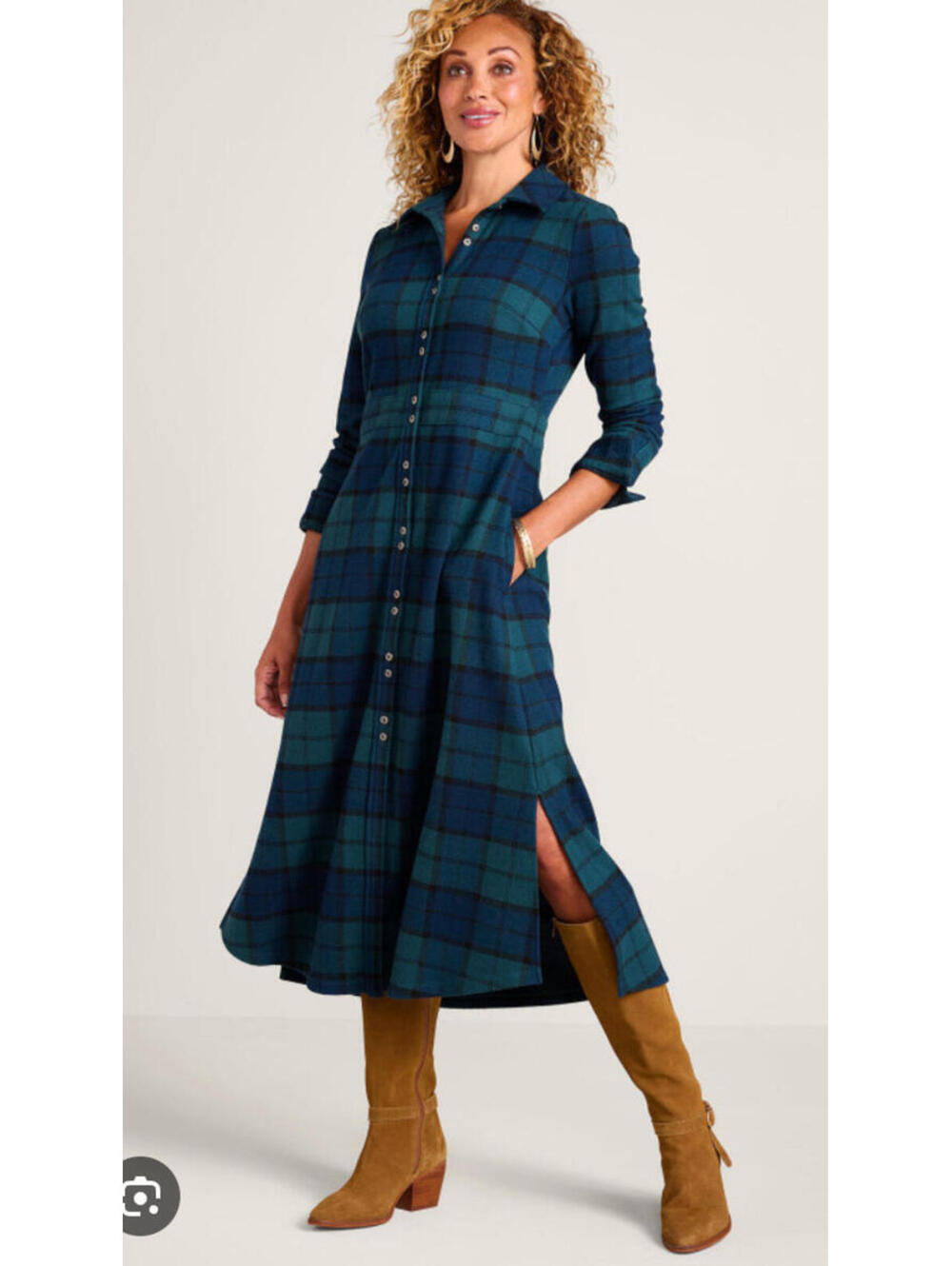 Soft Surroundings blue/green sz L. plaid flannel button down collar midi dressBB